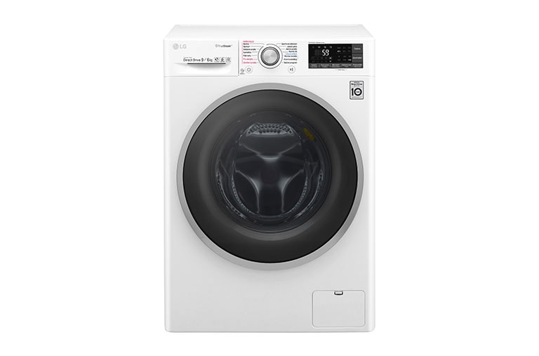 Čelní pohled na 9 kg pračka / 6 kg sušička, 1400 ot./min, 6 Motion DD, Direct Drive™, TrueSteam™ - parní praní, ThinQ™, Přidat prádlo, 14 programů, 8 možností sušení F94J7FH1W
