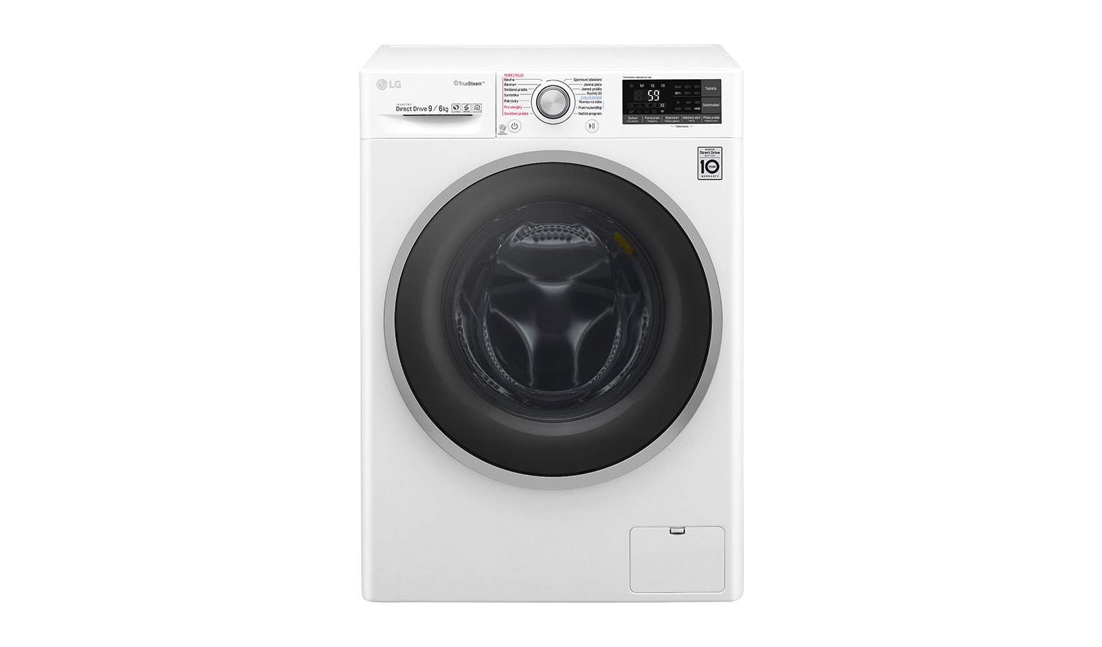 Čelní pohled na 9 kg pračka / 6 kg sušička, 1400 ot./min, 6 Motion DD, Direct Drive™, TrueSteam™ - parní praní, ThinQ™, Přidat prádlo, 14 programů, 8 možností sušení F94J7FH1W