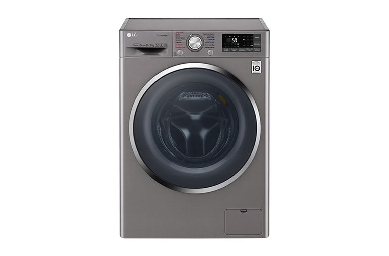 Čelní pohled na 9 kg pračka / 6 kg sušička, 1400 ot./min, 6 Motion DD, Direct Drive™, TrueSteam™ - parní praní, ThinQ™, Přidat prádlo, 14 programů, 8 možností sušení F94J8FH2S