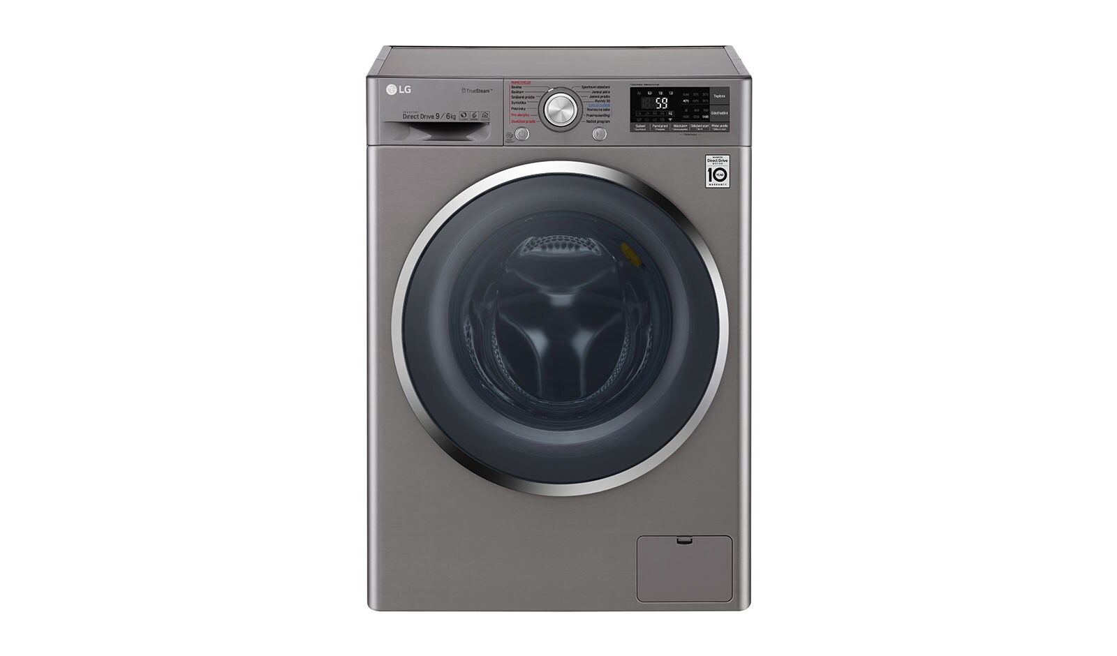 Čelní pohled na 9 kg pračka / 6 kg sušička, 1400 ot./min, 6 Motion DD, Direct Drive™, TrueSteam™ - parní praní, ThinQ™, Přidat prádlo, 14 programů, 8 možností sušení F94J8FH2S