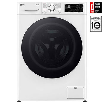 Čelní pohled na Parní pračka LG | 9 kg | A | 1400 ot./min | Direct Drive™ | AI DD™ |Bílá FASR3A94WW