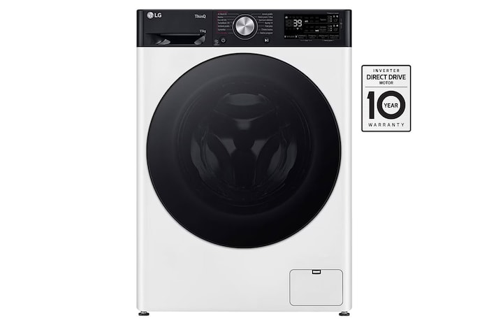 Čelní pohled na Parní pračka LG | 11 kg | A | 1400 ot./min | Direct Drive™ | AI DD™ |Bílá FASR7A14WG, Značka kvality od dTestu.