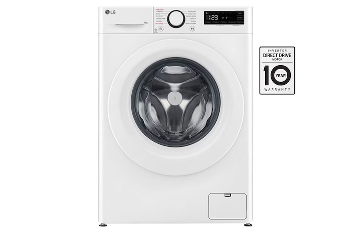 Čelní pohled na Parní pračka LG | 9 kg | A | 1400 ot./min | Direct Drive™ | AI DD™|Bílá FSR5A94WH, Značka kvality od dTestu.