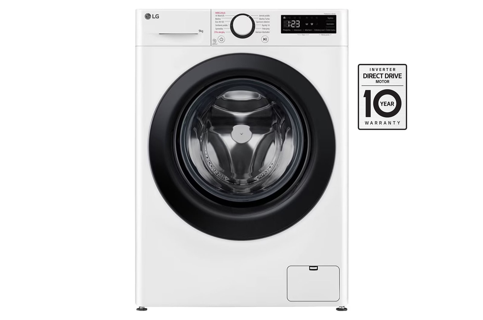 Čelní pohled na Parní pračka LG | 9 kg | A | 1400 ot./min | Direct Drive™ | AI DD™|Bílá FSR5A94WL