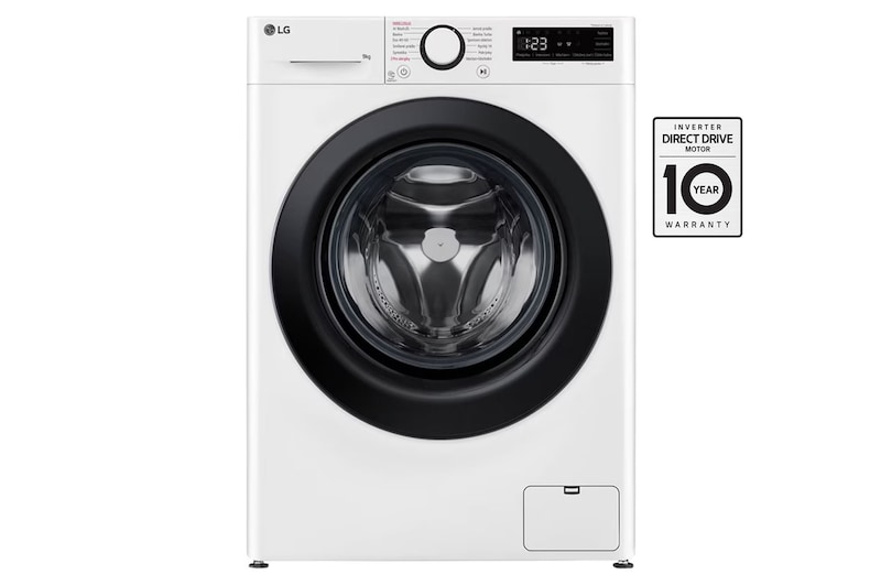 Čelní pohled na Parní pračka LG | 9 kg | A | 1400 ot./min | Direct Drive™ | AI DD™|Bílá FSR5A94WL