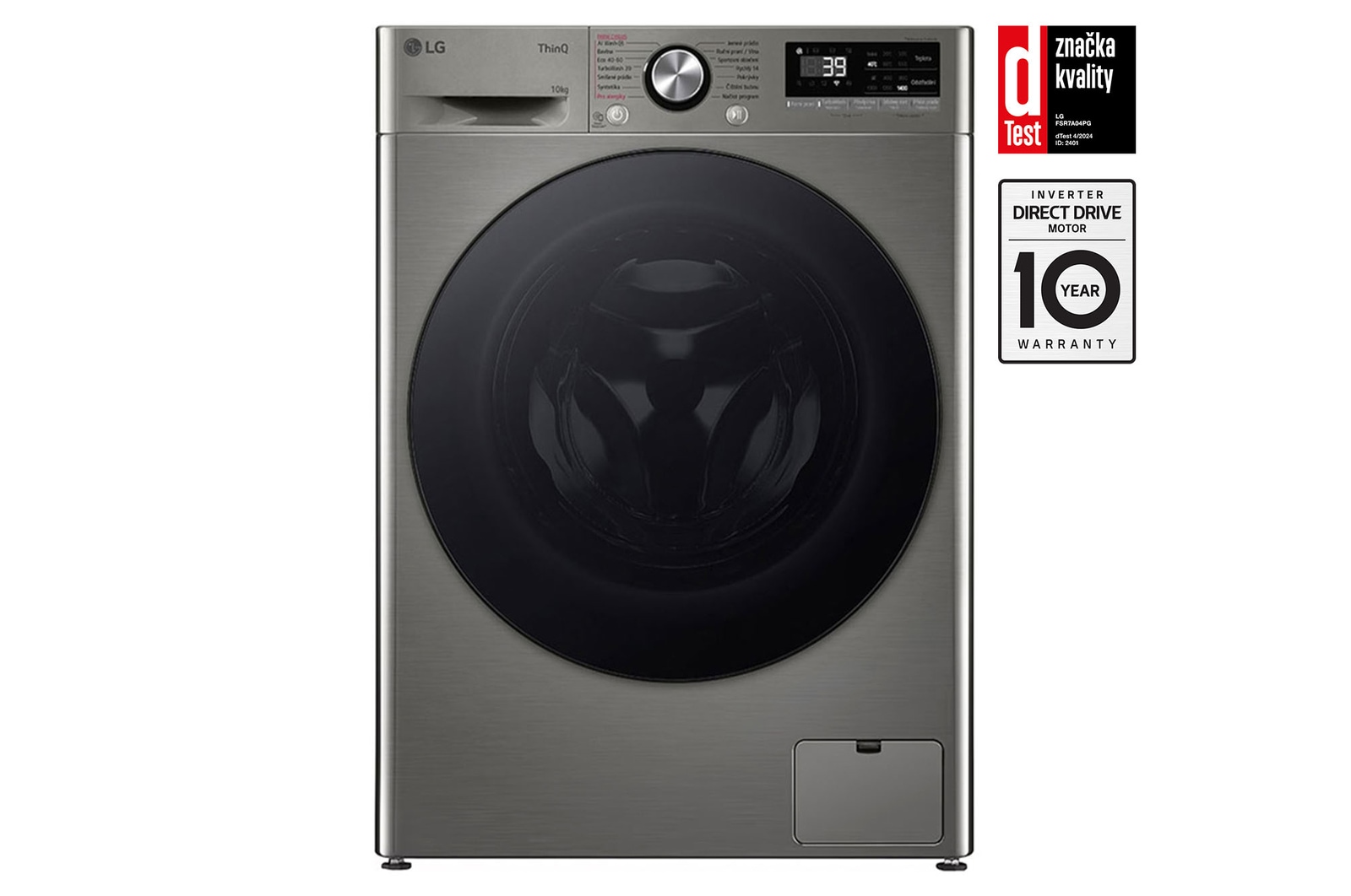 Čelní pohled na Parní pračka LG | 10 kg | A | 1400 ot./min | TurboWash™360° | ThinQ™|Stříbrná FSR7A04PG