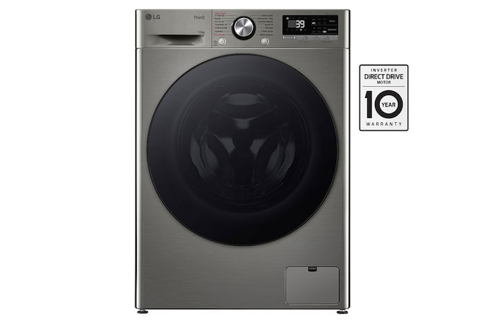 Čelní pohled na Parní pračka LG | 10 kg | A | 1400 ot./min | TurboWash™360° | ThinQ™|Stříbrná FSR7A04PG, Značka kvality od dTestu.