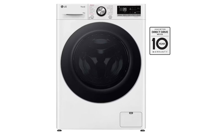 Čelní pohled na Parní pračka LG | 10 kg | A | 1400 ot./min | Direct Drive™ | AI DD™ |Bílá FSR7A04WC, Značka kvality od dTestu.