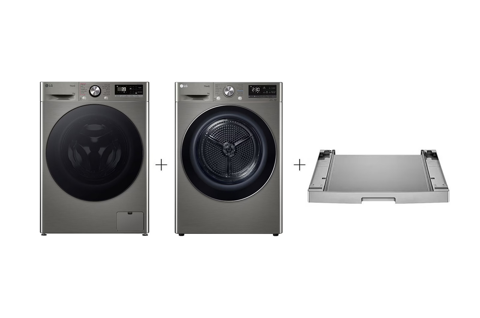 Čelní pohled na PRACÍ SET | 10 kg Pračka FSR7A04PG + 9 kg Sušička RC91V9EV2N + Výsuvný mezikus LAUNWDSN11