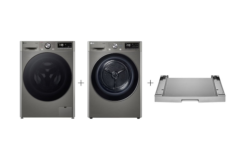 Čelní pohled na PRACÍ SET | 10 kg Pračka FSR7A04PG + 9 kg Sušička RC91V9EV2N + Výsuvný mezikus LAUNWDSN11