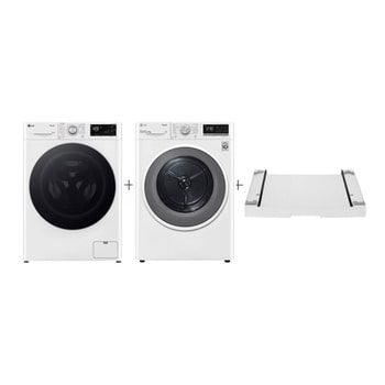 Bílá předem plněná pračka LG a bílá sušička LG ve sladěném designu.