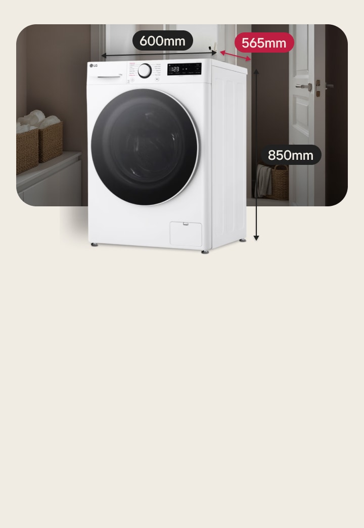 Malá pračka LG v bílé barvě s hloubkou 565 mm, ideální pro úzké prádelny.