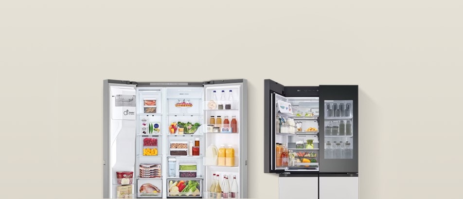 Two LG fridge freezers side by side with doors open. The left is fully open, the right InstaView model shows groceries inside. American style and Multi-Door Fridge Freezers text appears in the top left.