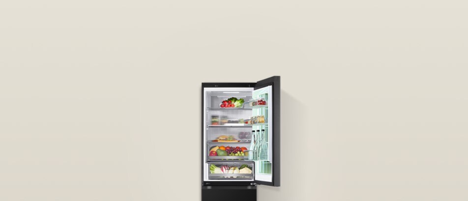 Black LG fridge freezer with doors open, showing neatly arranged food and drinks. Text Tall fridge freezers appears in the top left.