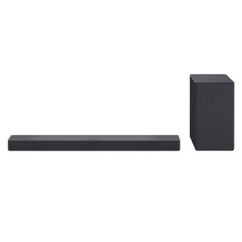 Pohled zepředu na soundbar tenkého a obdélníkového tvaru v černém designu s bezdrátovým subwooferem rovněž v černé barvě