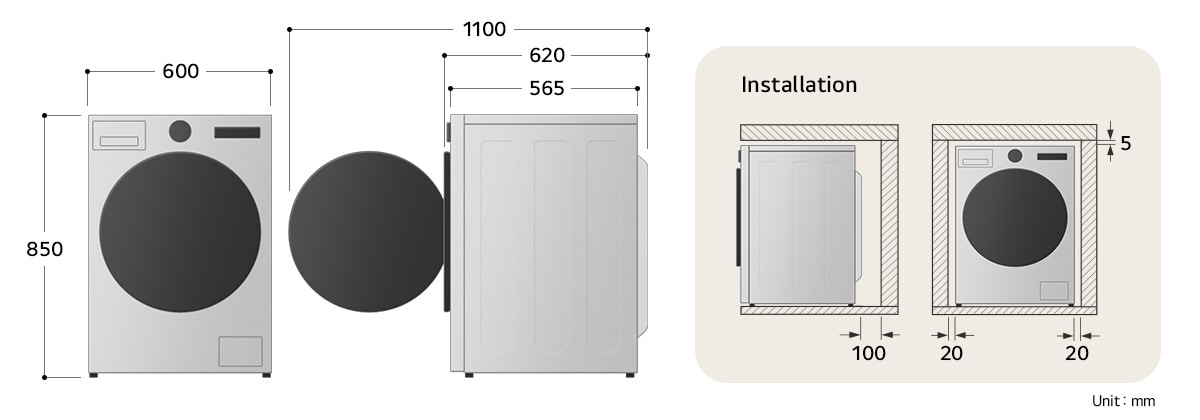 Rozměry bílé pračky s předním plněním LG (F4X9EUP25M): 600 × 565 × 850 mm (1 100 mm s otevřenými dvířky). Doporučená mezera 100 mm vzadu, 20 mm z boku a 5 mm nahoře.