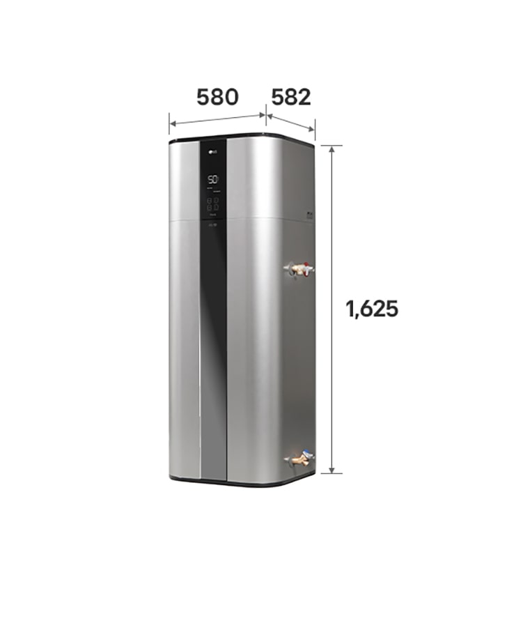 Exteriér ohřívače vody s tepelným čerpadlem LG (WH20STR2.FA) s označenými rozměry. Jeho rozměry jsou 580 mm × 1,625 mm × 582 mm.