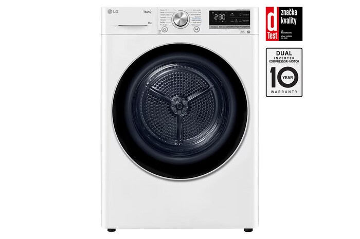 Čelní pohled na Sušička LG | 8 kg | DUAL Inverter Heat Pump™|ThinQ™|Bílá RC81V9AV3N, Značka kvality od dTestu.