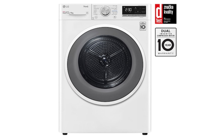Čelní pohled na Sušička LG | 8 kg | DUAL Inverter Heat Pump™ |ThinQ™|Bílá RC8TV9AVHN, Značka kvality od dTestu.