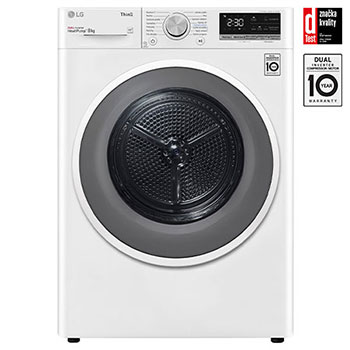 Čelní pohled na Sušička LG | 8 kg | DUAL Inverter Heat Pump™ |ThinQ™|Bílá RC8TV9AVHN