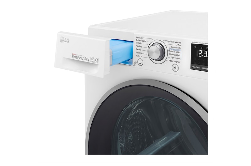 LG 9 kg sušička, A+++ (v rozsahu A+++ až D), 14 programů, 13 přídavných možností, 3 možnosti sušení, ThinQ™ + WiFi připojení, RC91U2AV3W