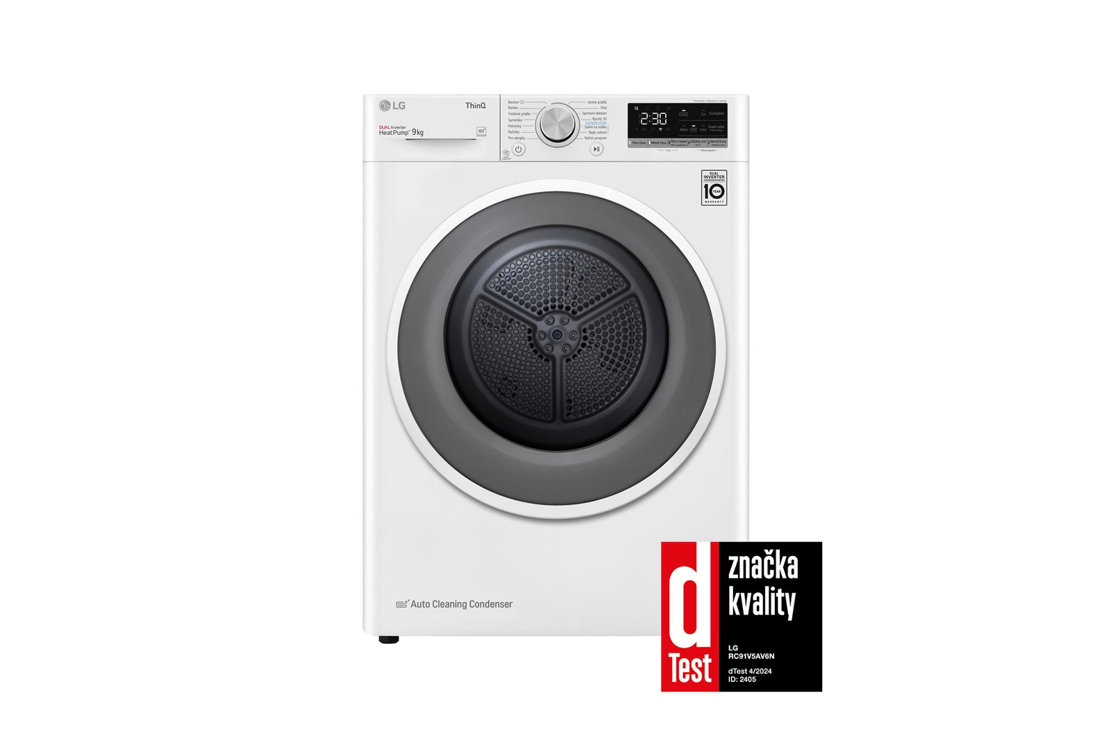 Čelní pohled na Sušička LG | 9 kg | DUAL Inverter Heat Pump™ |ThinQ™|Bílá, RC91V5AV6N