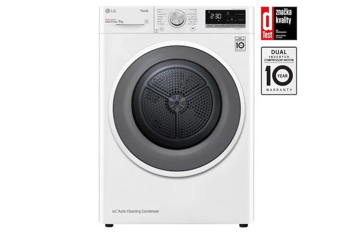 Čelní pohled na Sušička LG | 9 kg | DUAL Inverter Heat Pump™ |ThinQ™|Bílá RC91V5AV6N, Značka kvality od dTestu.