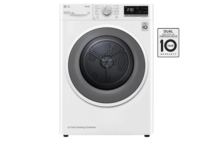 Čelní pohled na Sušička LG | 9 kg | DUAL Inverter Heat Pump™ |ThinQ™|Bílá RC91V5AV6N, Značka kvality od dTestu.