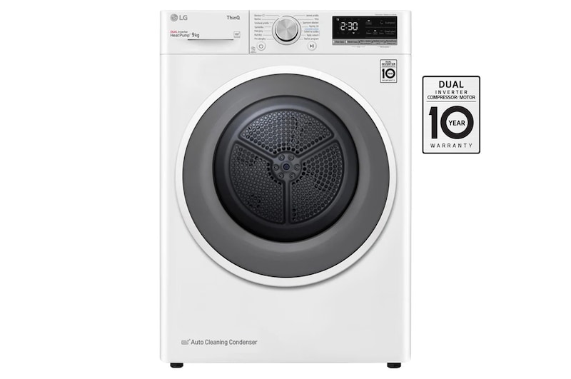 Čelní pohled na Sušička LG | 9 kg | DUAL Inverter Heat Pump™ |ThinQ™|Bílá RC91V5AV6N