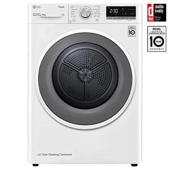 Čelní pohled na Sušička LG | 9 kg | DUAL Inverter Heat Pump™ |ThinQ™|Bílá RC91V5AV6N