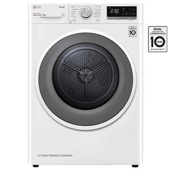 Čelní pohled na Sušička LG | 9 kg | DUAL Inverter Heat Pump™ |ThinQ™|Bílá RC91V5AV6N, Značka kvality od dTestu.