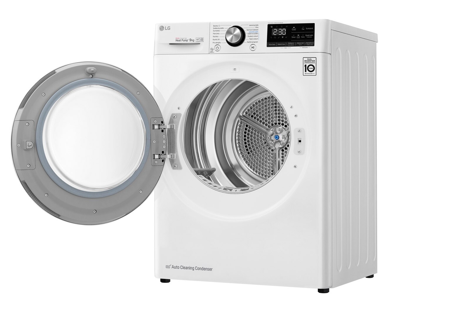 LG 9 kg hybridní sušička s tepelným čerpadlem, A+++ (v rozsahu A+++ až D), invertorový motor, Eco Hybrid™ - hybridní sušení, automatické čištění kondenzátoru, ThinQ™ + WiFi, Program Pro alergiky, RC91V9AV2W