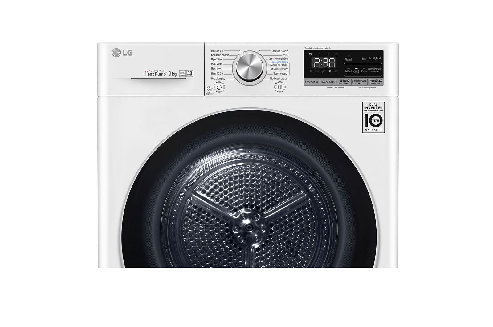 LG 9 kg hybridní sušička s tepelným čerpadlem, A+++ (v rozsahu A+++ až D), invertorový motor, Eco Hybrid™ - hybridní sušení, automatické čištění kondenzátoru, ThinQ™ + WiFi, Program Pro alergiky, RC91V9AV3Q