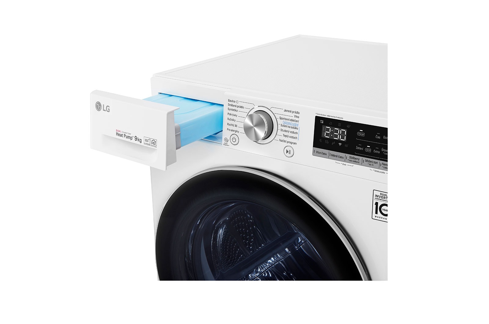 LG 9 kg hybridní sušička s tepelným čerpadlem, A+++ (v rozsahu A+++ až D), invertorový motor, Eco Hybrid™ - hybridní sušení, automatické čištění kondenzátoru, ThinQ™ + WiFi, Program Pro alergiky, RC91V9AV3Q