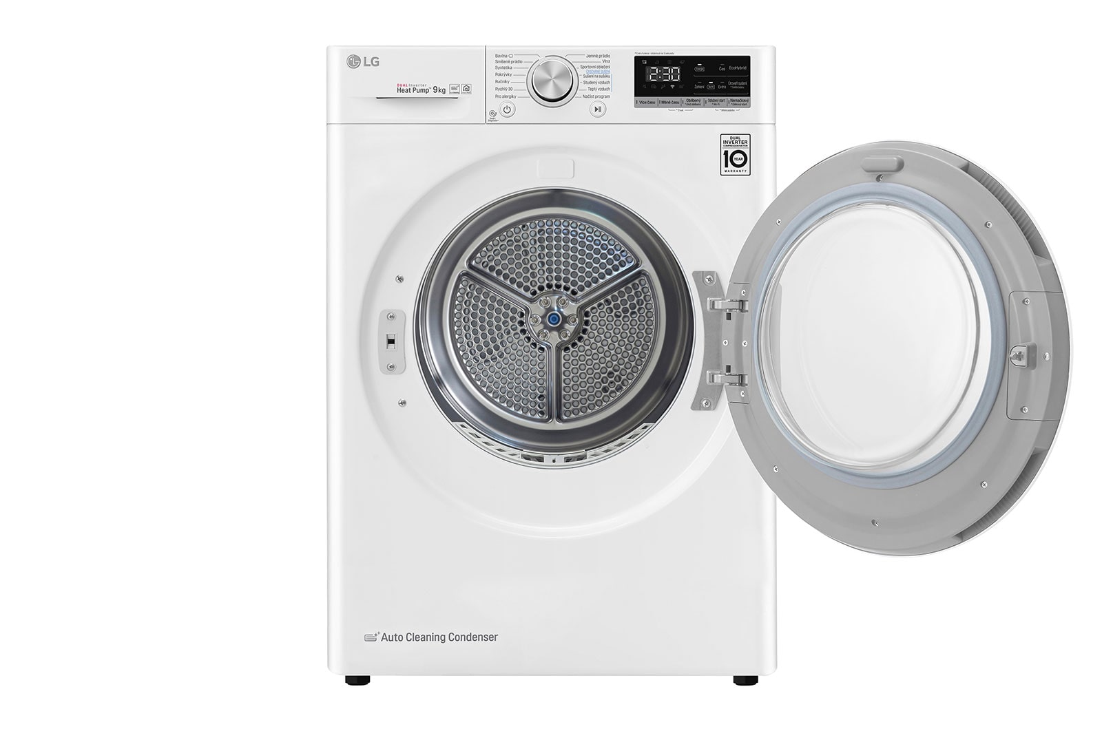LG 9 kg hybridní sušička s tepelným čerpadlem, A+++ (v rozsahu A+++ až D), invertorový motor, Eco Hybrid™ - hybridní sušení, automatické čištění kondenzátoru, ThinQ™ + WiFi, Program Pro alergiky, RC91V9AV4Q