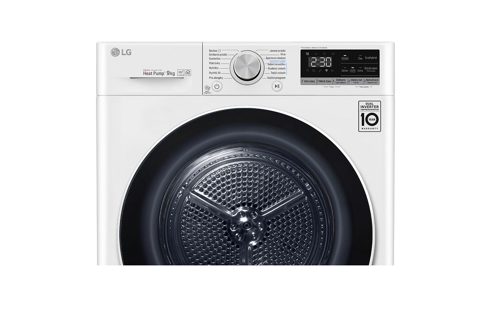 LG 9 kg hybridní sušička s tepelným čerpadlem, A+++ (v rozsahu A+++ až D), invertorový motor, Eco Hybrid™ - hybridní sušení, automatické čištění kondenzátoru, ThinQ™ + WiFi, Program Pro alergiky, RC91V9AV4Q