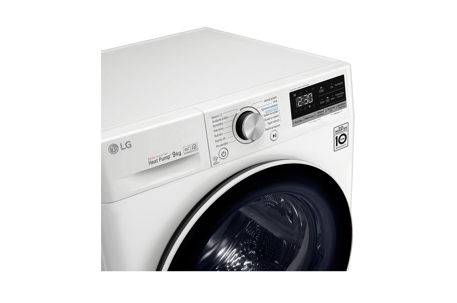 LG 9 kg hybridní sušička s tepelným čerpadlem, A+++ (v rozsahu A+++ až D), invertorový motor, Eco Hybrid™ - hybridní sušení, automatické čištění kondenzátoru, ThinQ™ + WiFi, Program Pro alergiky, RC91V9AV4Q