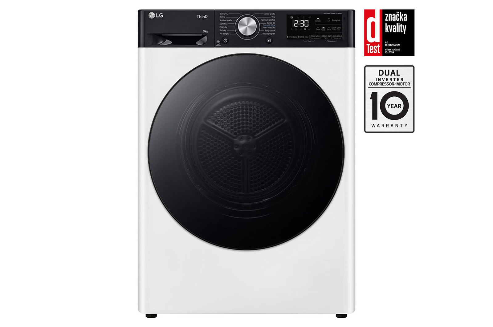 Čelní pohled na Sušička LG | 9 kg | DUAL Inverter Heat Pump™ |ThinQ™|Bílá RH91V9LVEN