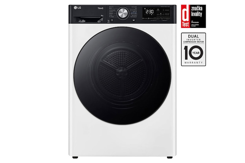 Čelní pohled na Sušička LG | 9 kg | DUAL Inverter Heat Pump™ |ThinQ™|Bílá RH91V9LVEN