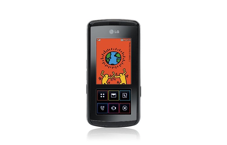 Čelní pohled na Výsuvný LG mobilní telefon kombinující dotykové ovládání, 3,15 Mpx fotoaparát s autofokusem a bleskem KF600
