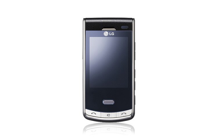 Čelní pohled na LG Telefon s dotykovým 2,4 palcovým displejem, 5 Mpx fotoaparát s autofokusem, detekcí obličeje, druhý VGA fotoaparát pro videohovory KF750