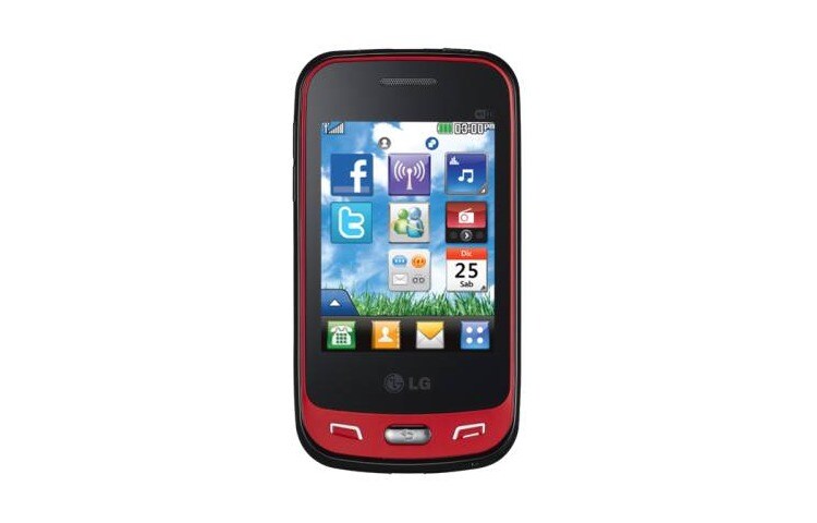 Čelní pohled na Dotyková obrazovka, Wi-Fi, Bluetooh, 3Mpx Fotoaparát, MicroSD 8GB, PCSuite 4, Facebook, Twitter, Google Search, AccuWeather T565B