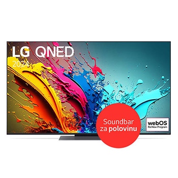 Pohled zepředu na 55"QNED TV v tenkém designu, úzkým rámem, ostrou ukázkou výrazných barev a pevným stojanem uprostřed