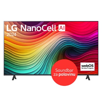Pohled zepředu na 50"NanoCell TV v tenkém designu, úzkým rámem, ostrou ukázkou čistých barev na bočních dvounohých stojanech