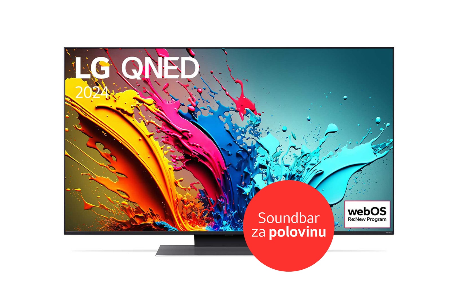 Pohled zepředu na 50"QNED TV v tenkém designu, úzkým rámem, ostrou ukázkou výrazných barev a pevným stojanem uprostřed