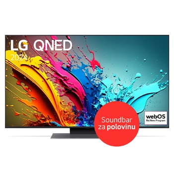 Pohled zepředu na 50"QNED TV v tenkém designu, úzkým rámem, ostrou ukázkou výrazných barev a pevným stojanem uprostřed