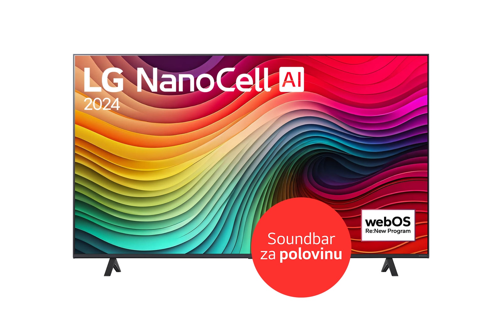 Pohled zepředu na 55"NanoCell TV v tenkém designu, úzkým rámem, ostrou ukázkou čistých barev na bočních dvounohých stojanech