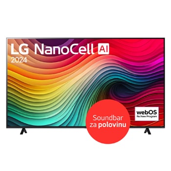 Front view of LG NanoCell TV, NANO80 with text of LG NanoCell AI, 2024, and webOS Re:New Program logo on screen