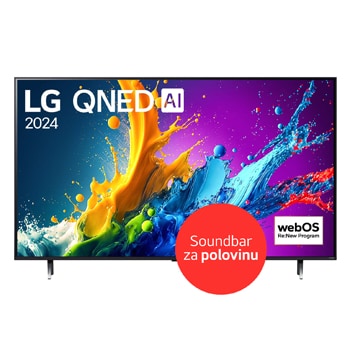 Pohled zepředu na 65"QNED TV v tenkém designu,úzkým rámem, ostrou ukázkou výrazných barev na dvounohých stojanech po stranách