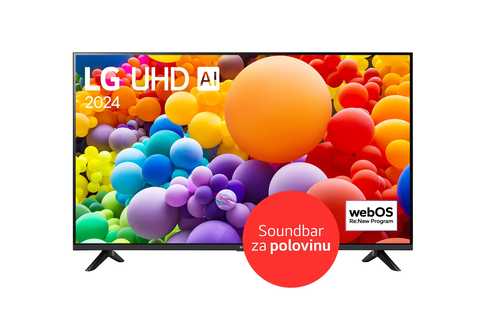 Pohled zepředu na 65"UHD TV v tenkém designu, úzkým rámem, ukázkou reálných a čistých barev na bočních dvounohých stojanech